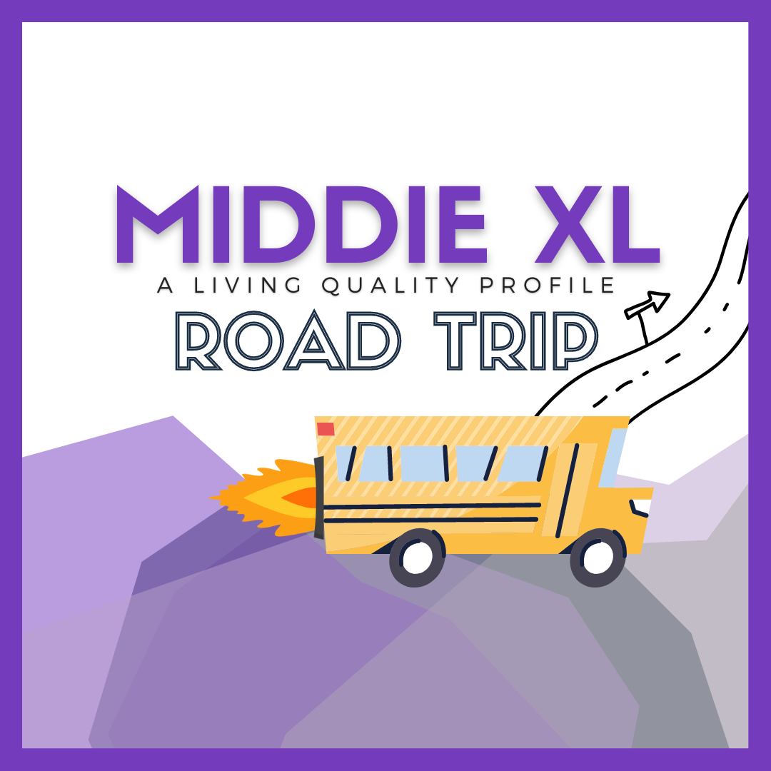 graphic of a school bus with rocket flames: Middie XL Road Trip